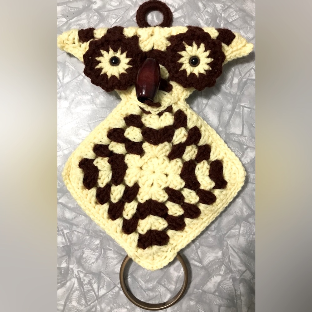 Handmade Vintage Brown & Yellow Owl Towel Hanger/Decor